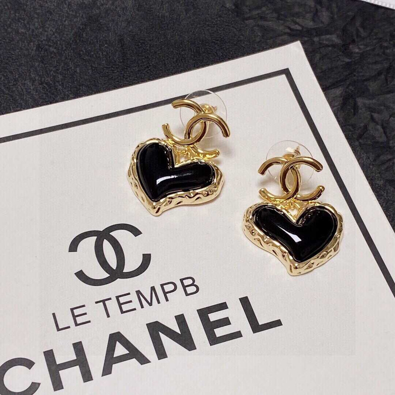 Ch*el love rhinestone earrings gold logo black