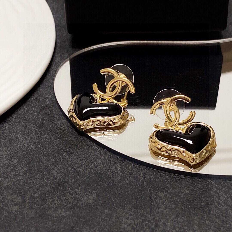 Ch*el love rhinestone earrings gold logo black