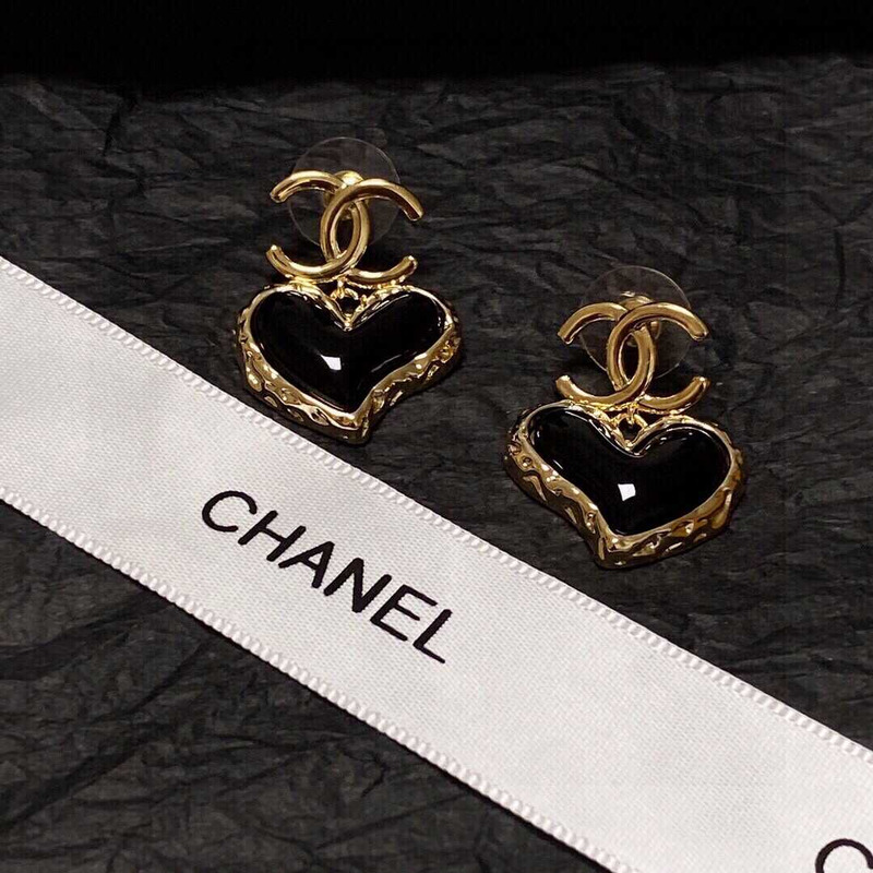 Ch*el love rhinestone earrings gold logo black