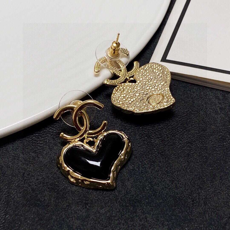 Ch*el love rhinestone earrings gold logo black