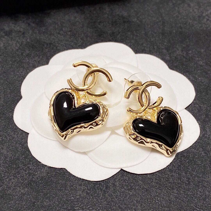 Ch*el love rhinestone earrings gold logo black