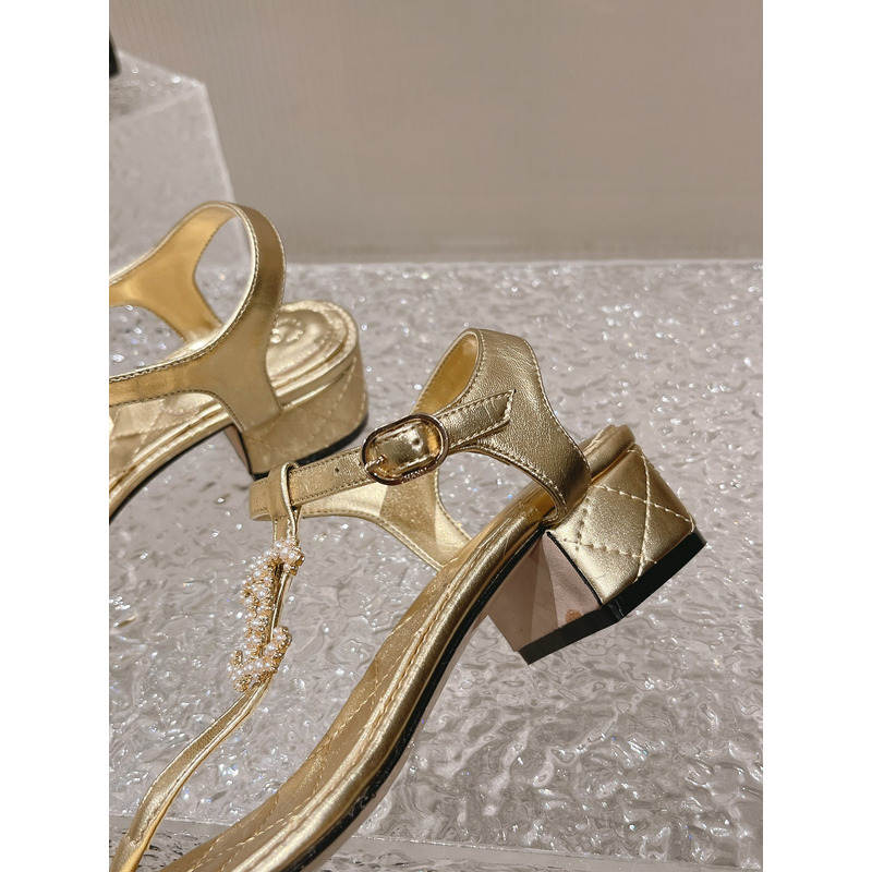 Ch*el pearl leather sandals gold