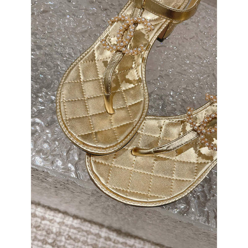 Ch*el pearl leather sandals gold