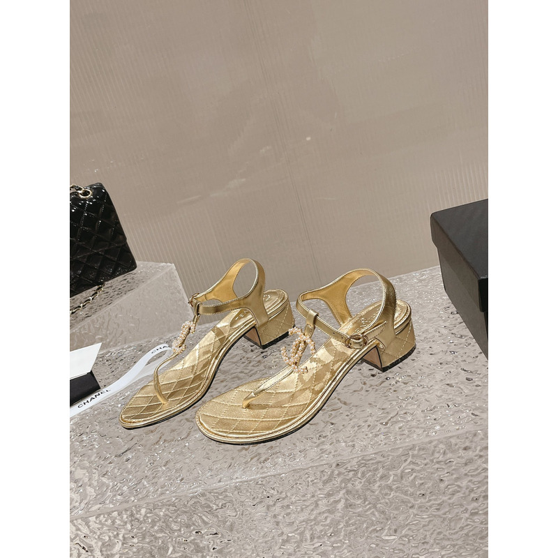 Ch*el pearl leather sandals gold