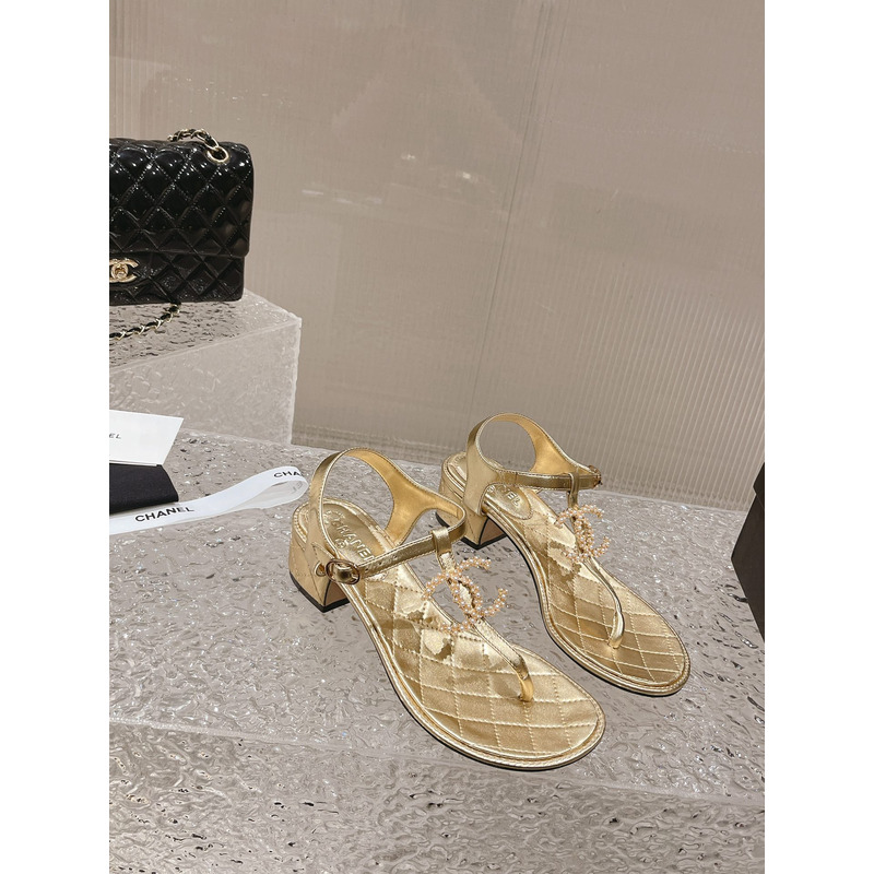 Ch*el pearl leather sandals gold