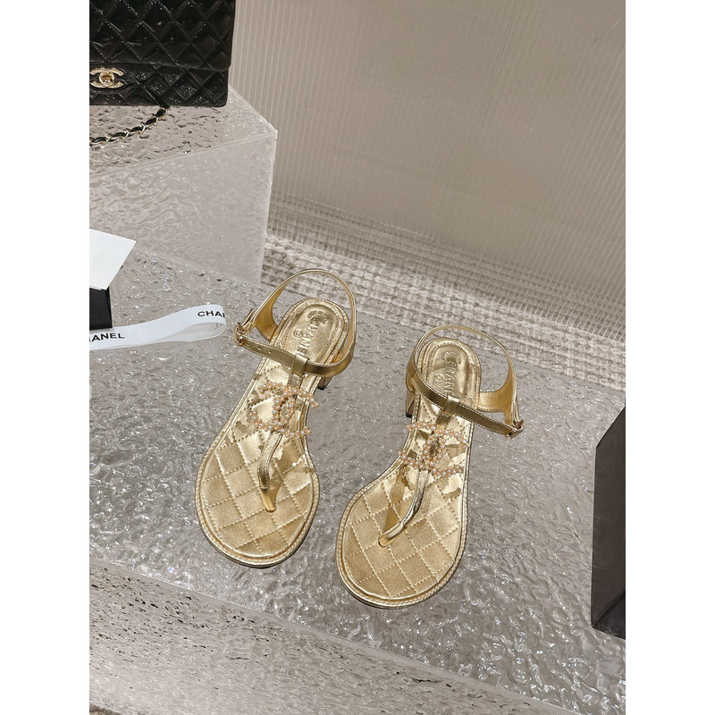 Ch*el pearl leather sandals gold