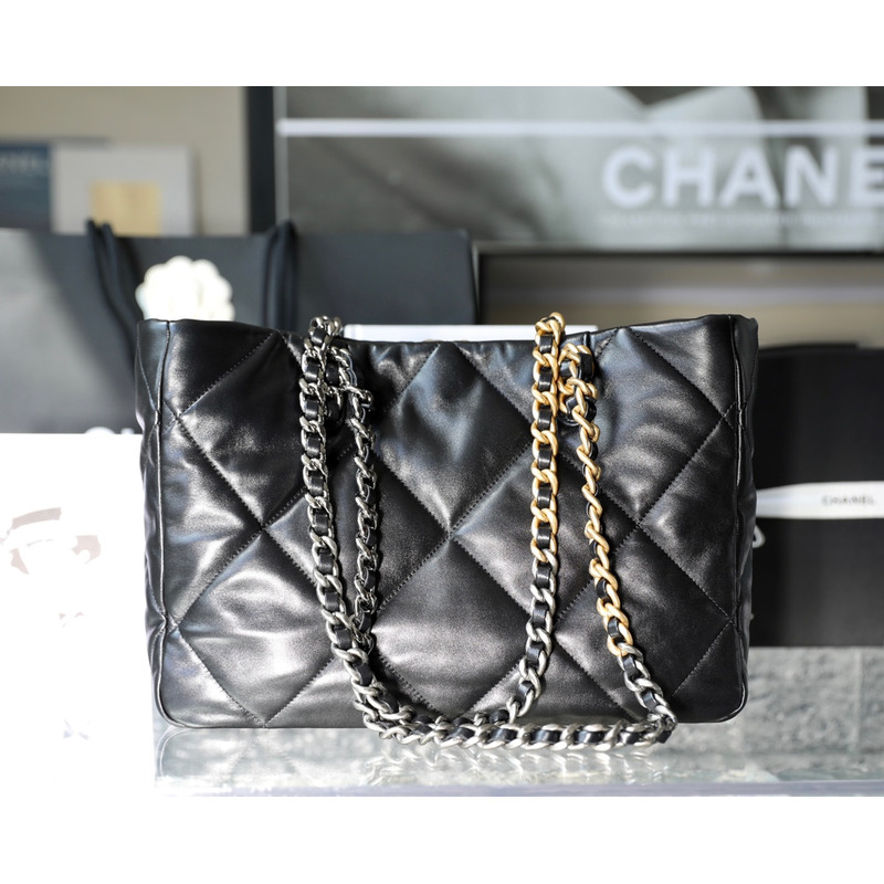 Ch*el lambskin quilted Ch*el 19 shopping bag black