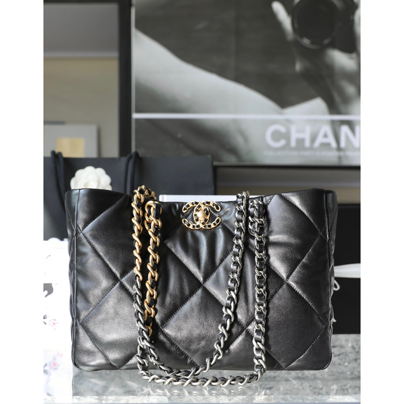 Ch*el lambskin quilted Ch*el 19 shopping bag black