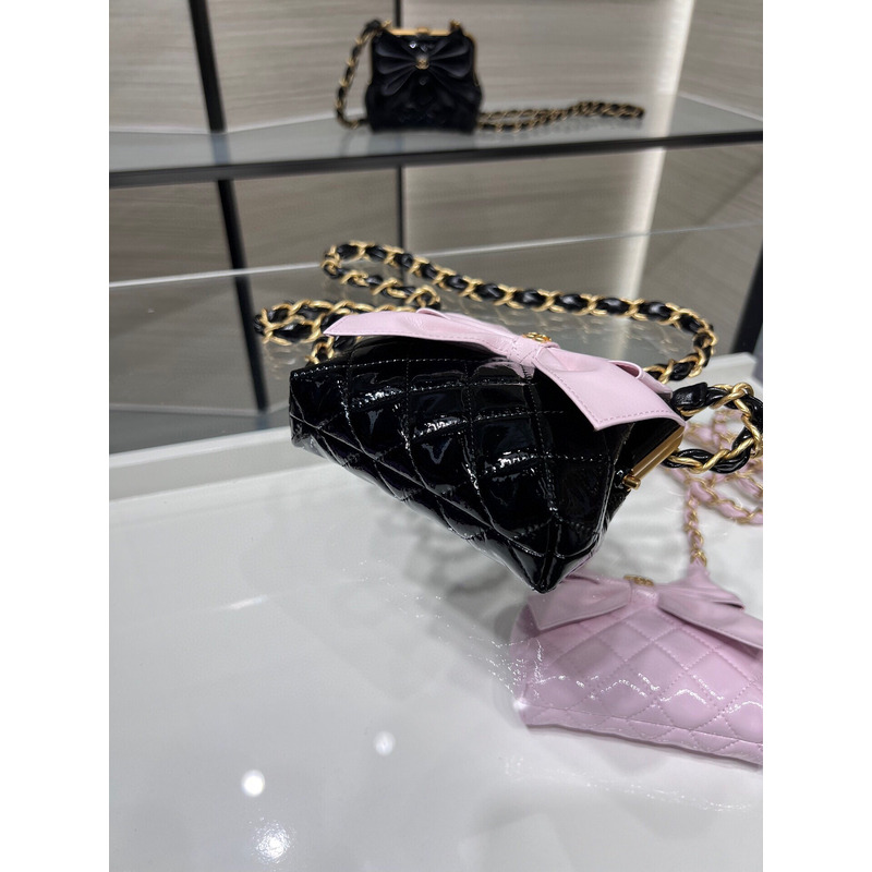 Ch*el clutch with chain gold-tone metal black & pink