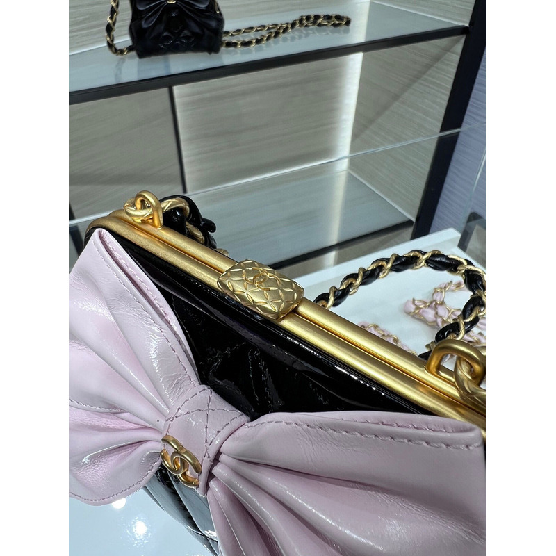 Ch*el clutch with chain gold-tone metal black & pink