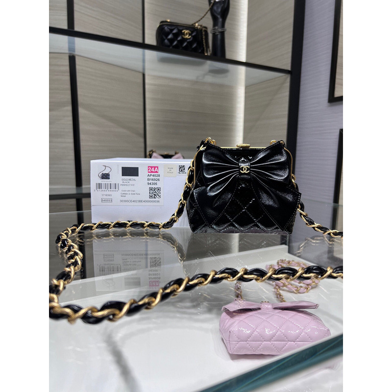 Ch*el clutch with chain gold-tone metal black