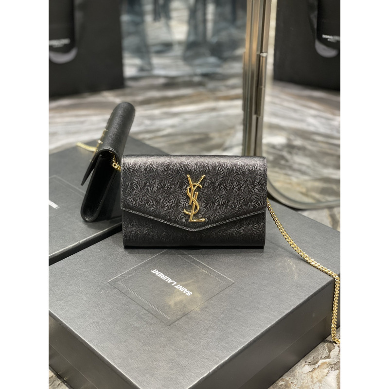 Saint Laurent Uptown Chain Wallet In Grain De Poudre Embossed Leather