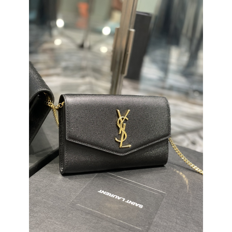 Saint Laurent Uptown Chain Wallet In Grain De Poudre Embossed Leather