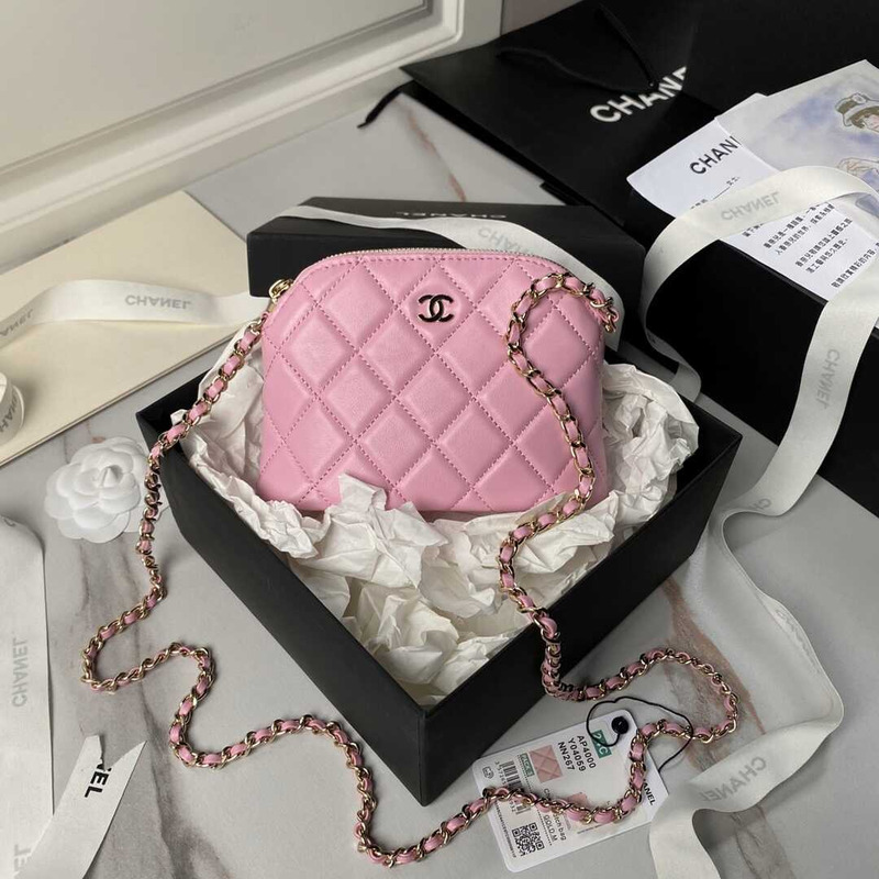 Ch*el classic chain lambskin evening bag pink