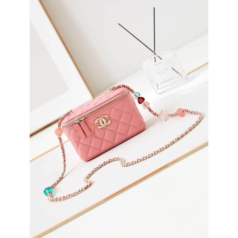 Ch*el vanity bag with chain coral pink