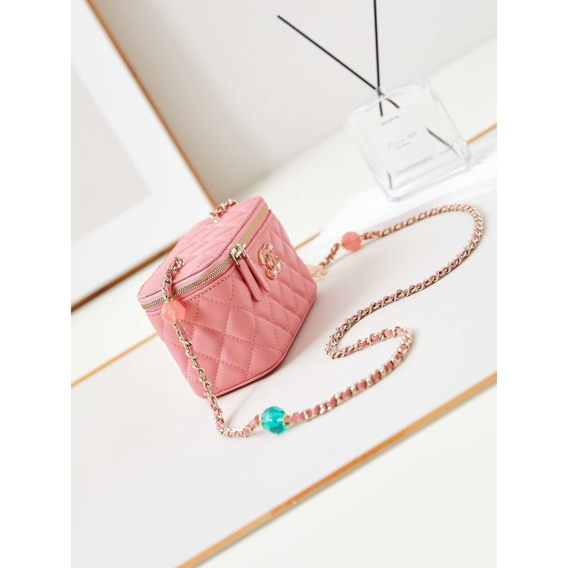 Ch*el vanity bag with chain coral pink