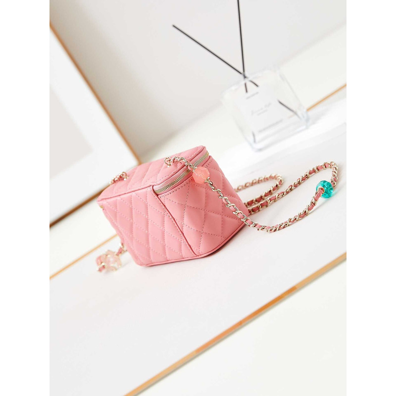 Ch*el vanity bag with chain coral pink