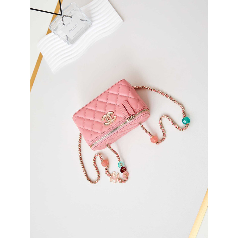 Ch*el vanity bag with chain coral pink