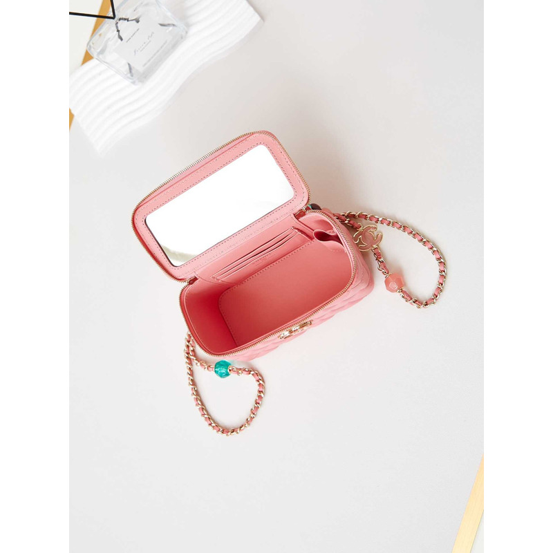 Ch*el vanity bag with chain coral pink