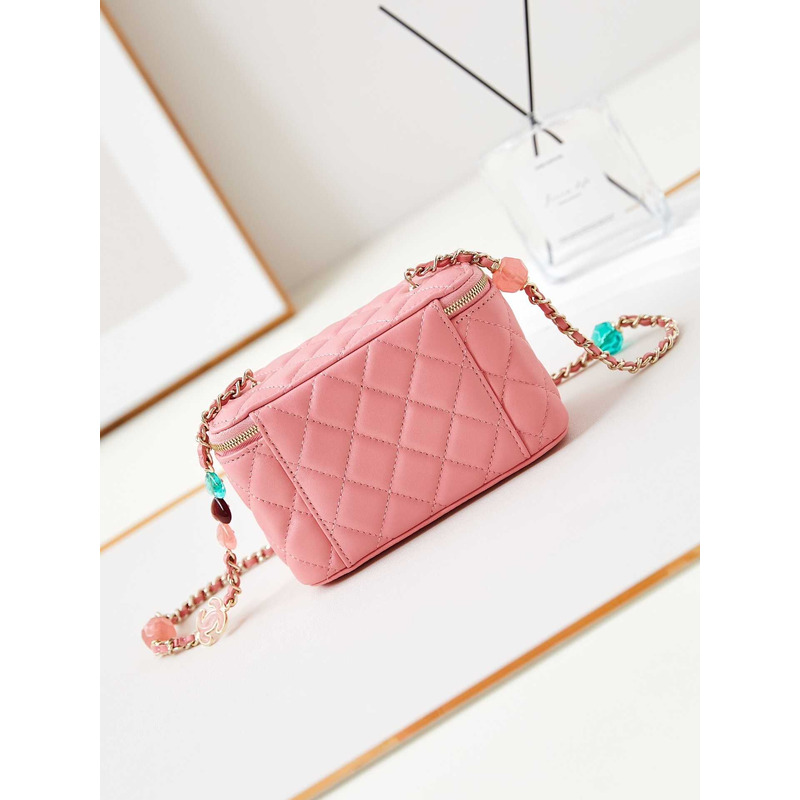 Ch*el vanity bag with chain coral pink