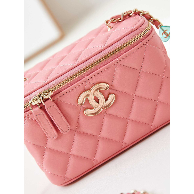 Ch*el vanity bag with chain coral pink