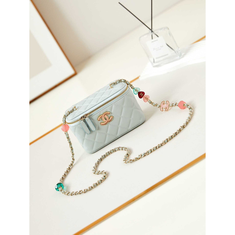 Ch*el vanity bag with chain light blue