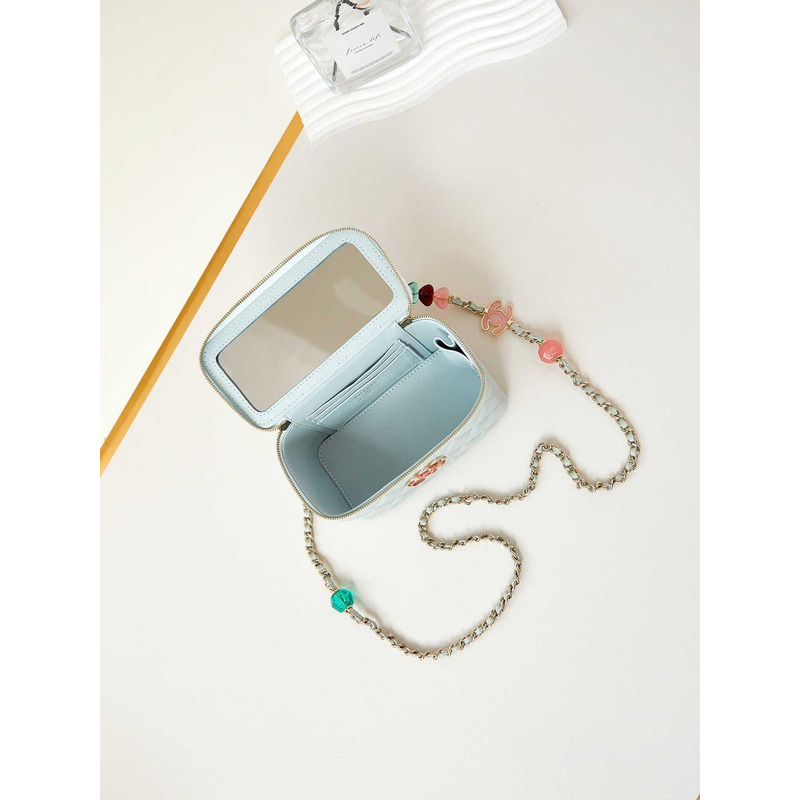 Ch*el vanity bag with chain light blue