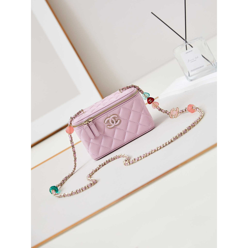 Ch*el vanity bag with chain pink