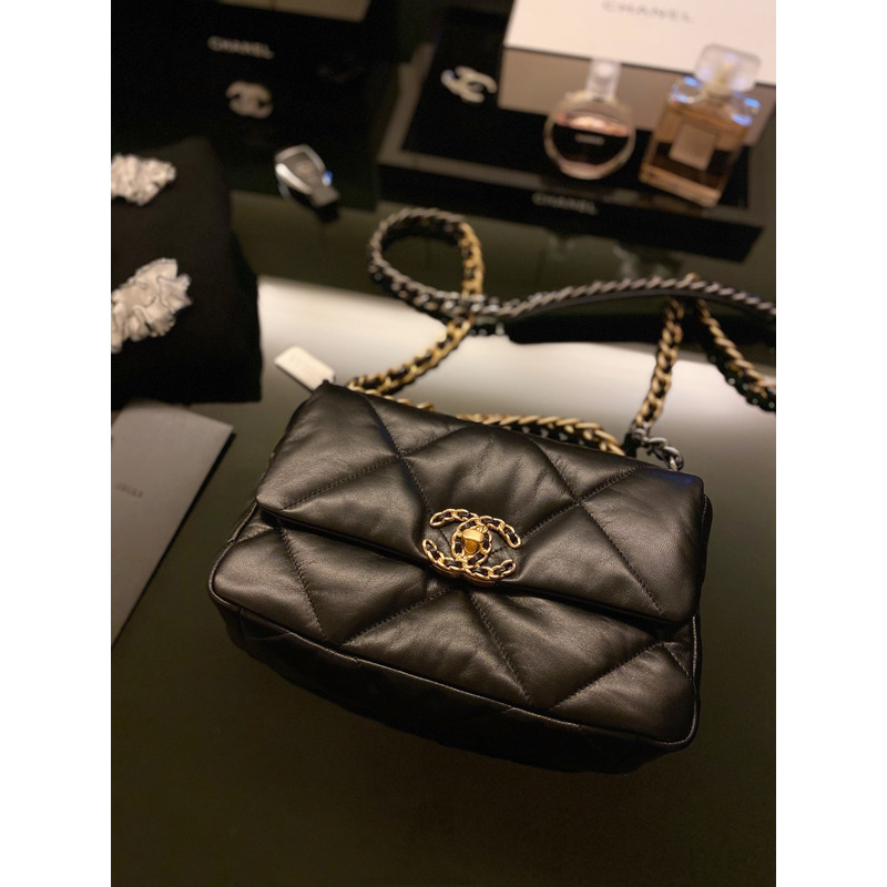 Ch*el 19 gold-tone metal flap bag black