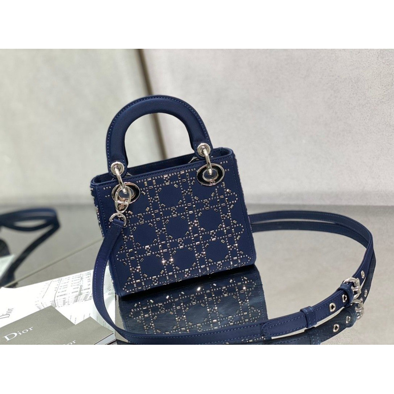 D*or strass cannage satin mini lady D*or bag blue