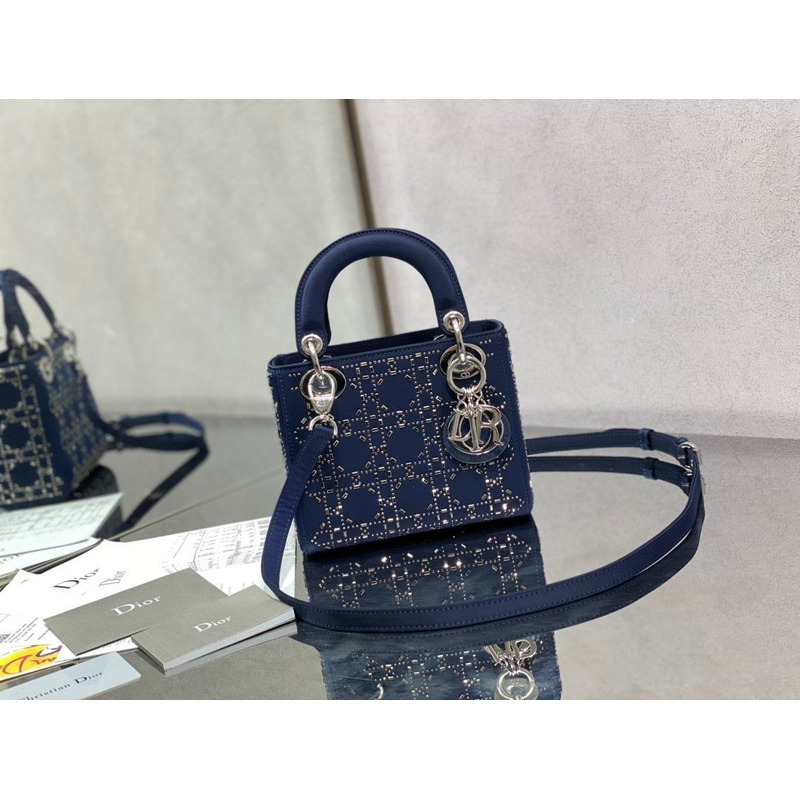 D*or strass cannage satin mini lady D*or bag blue