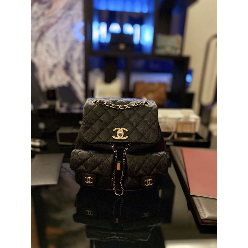 Ch*el caviar quilted & gold-tone metal backpack black