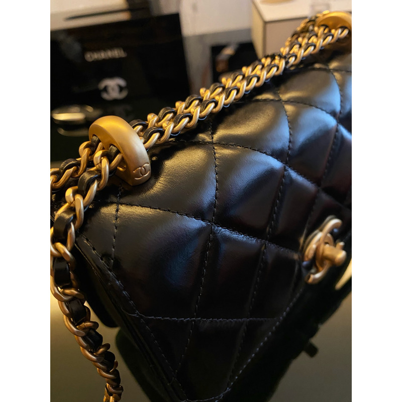 Ch*el flap bag leather & gold-tone metal black