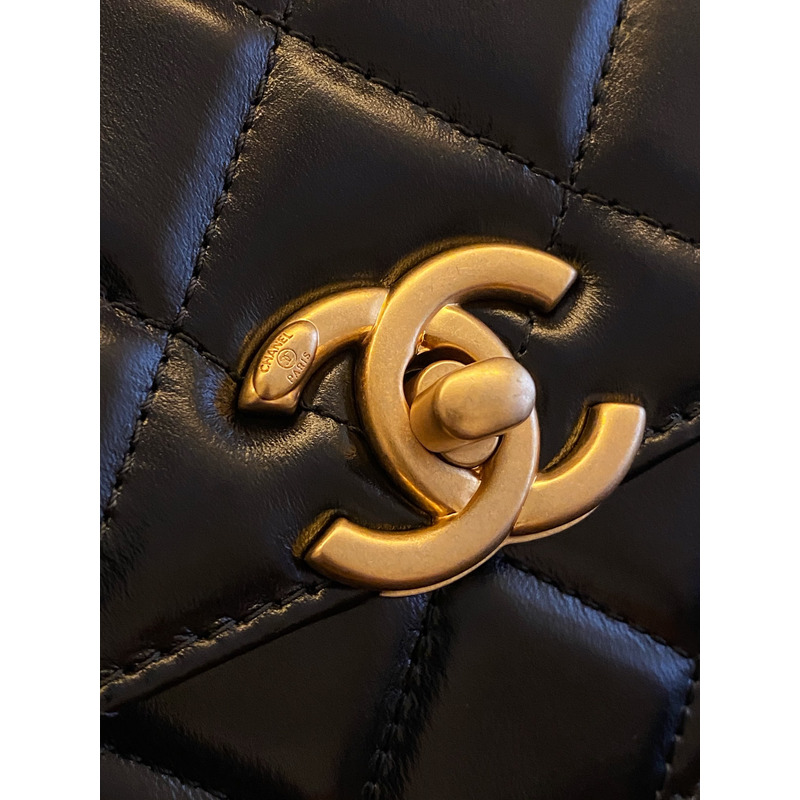 Ch*el flap bag leather & gold-tone metal black