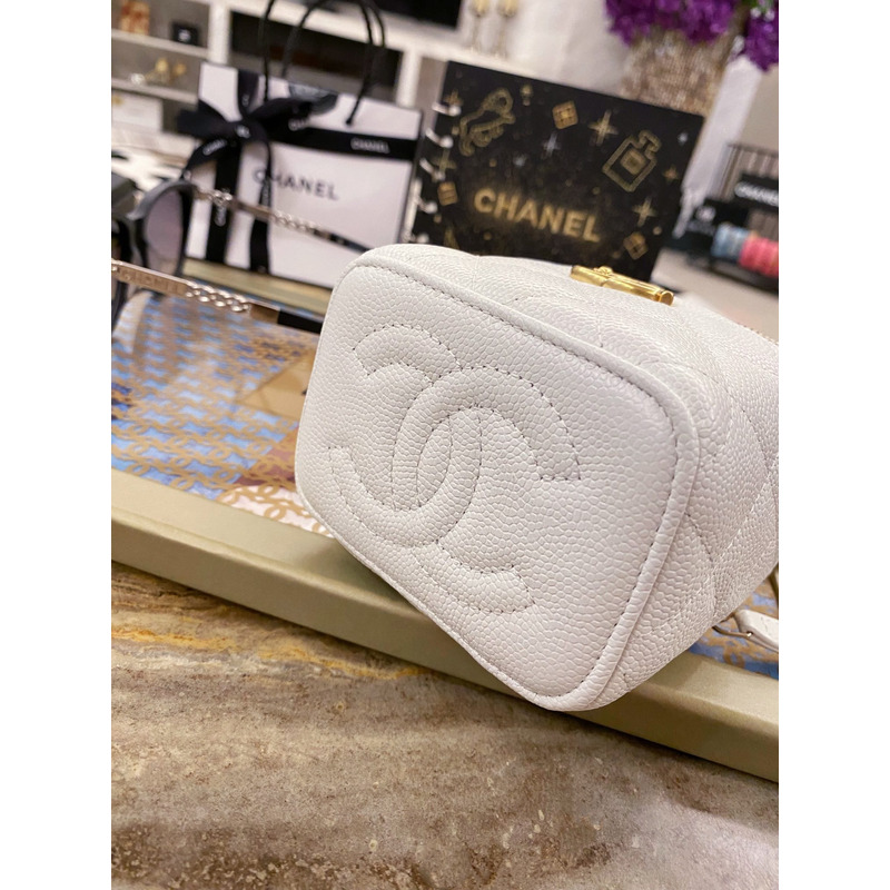 Ch*el quilted caviar mini vanity case gold hardware white