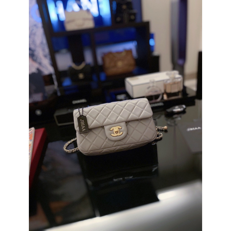 Ch*el quilted mini rectangular flap bag gray