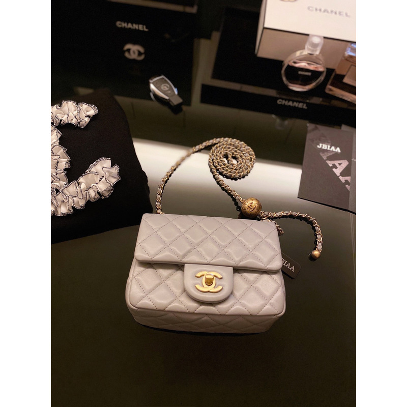 Ch*el mini flap bag lambskin gold-tone gray