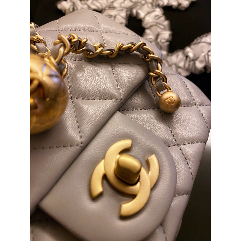 Ch*el mini flap bag lambskin gold-tone gray