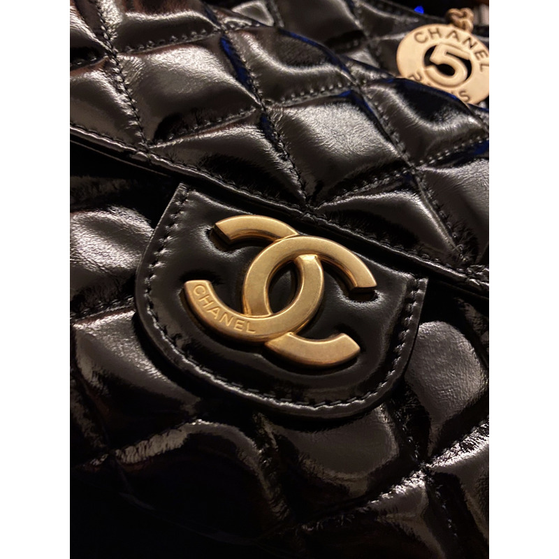 Ch*el shiny crumpled calfskin & gold-tone metal black