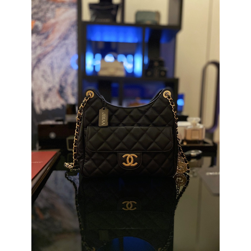 Ch*el caviar quilted & gold-tone metal black