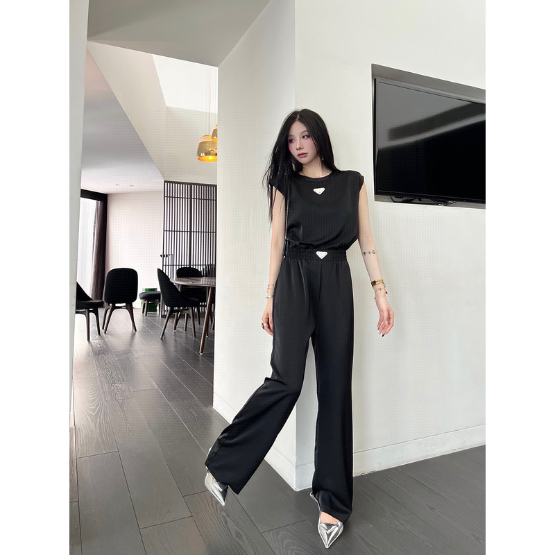 Pra*a triangle logo top and elastic waist pants set black