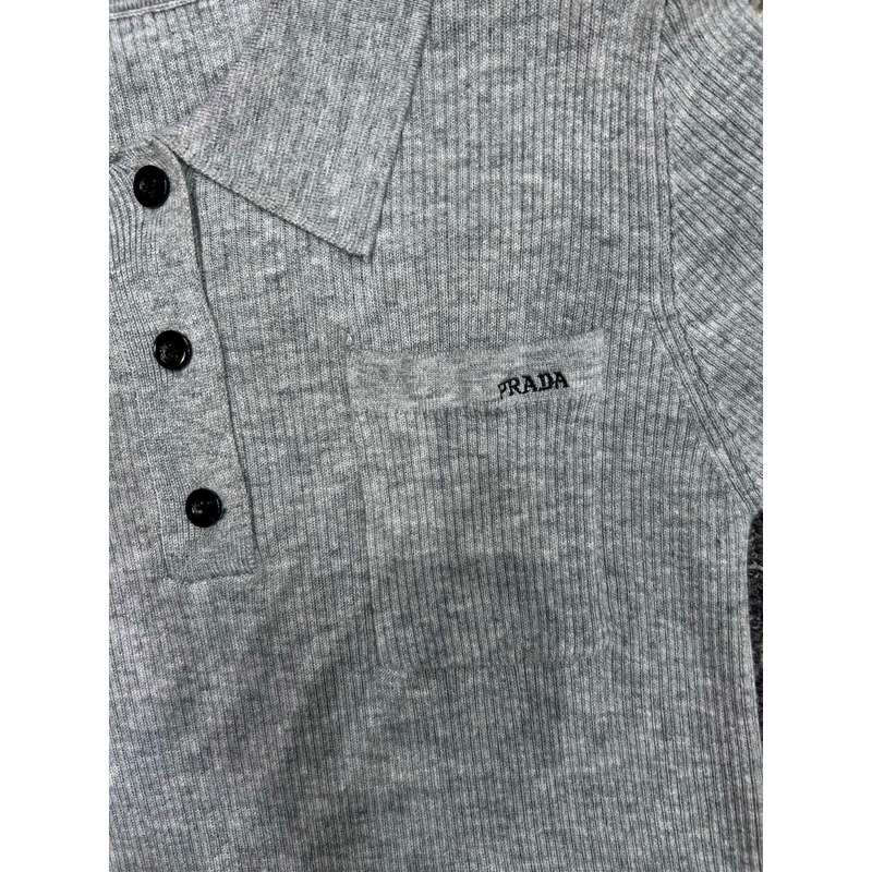 Pra*a logo embroidered rib knitted wool polo shirt