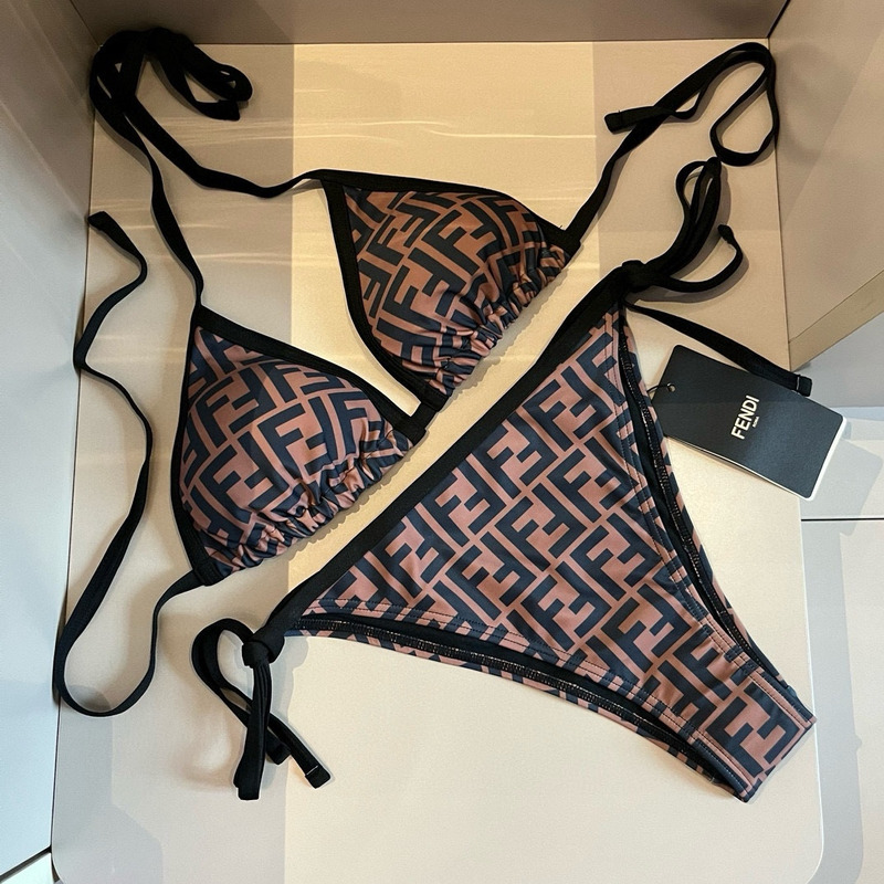 F**di monogram printed two piece bikini set brown