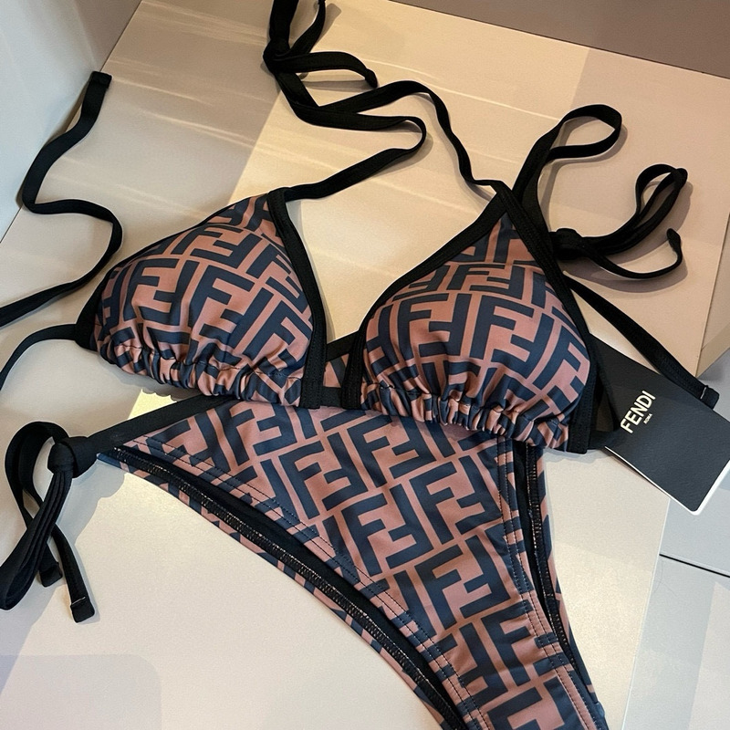 F**di monogram printed two piece bikini set brown