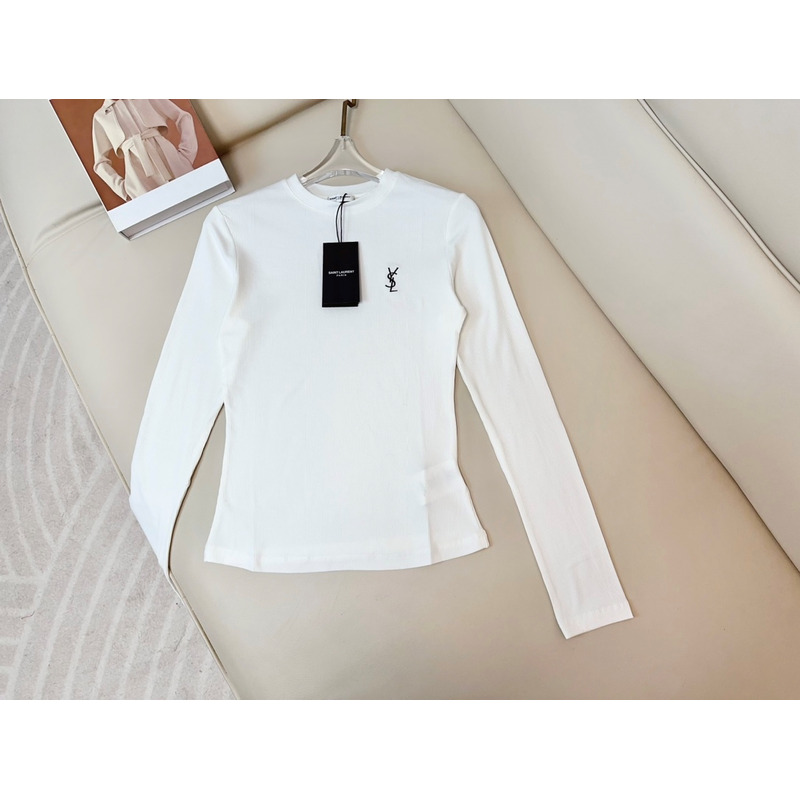 Saint Laurent Printed Logo Slim-Fit Long Sleeve T-shirt in Cotton White