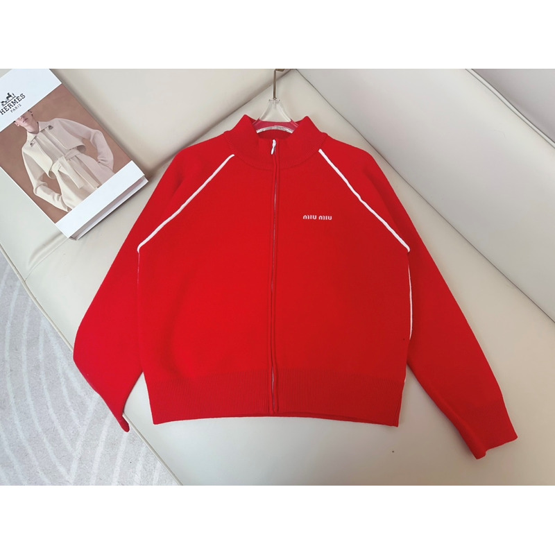 Miu Miu Logo Embroidered Zip-up Track Cardigan Red