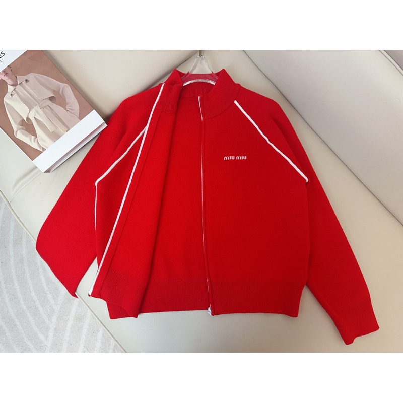 Miu Miu Logo Embroidered Zip-up Track Cardigan Red