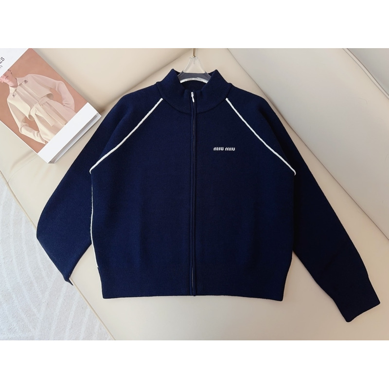 Miu Miu Logo Embroidered Zip-up Track Cardigan Blue