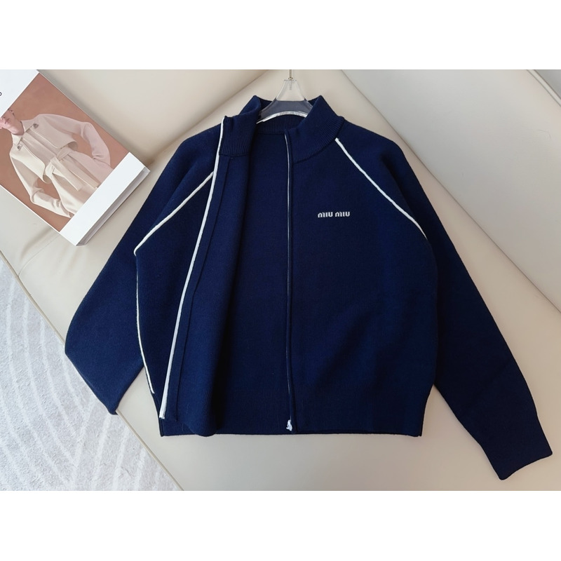 Miu Miu Logo Embroidered Zip-up Track Cardigan Blue