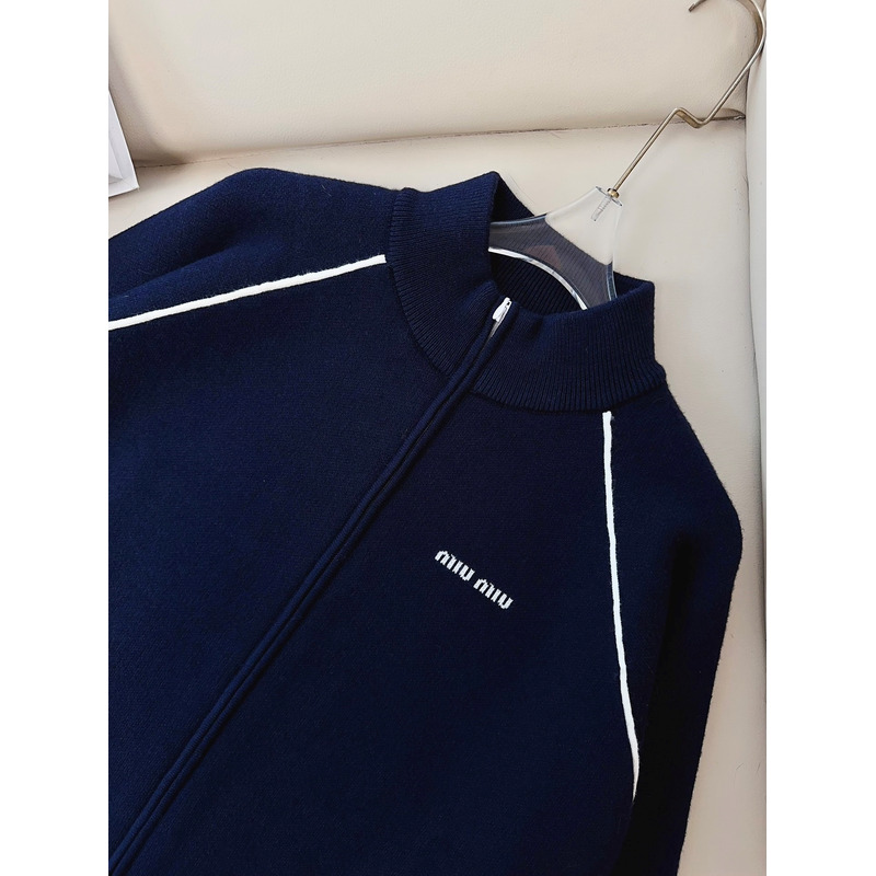 Miu Miu Logo Embroidered Zip-up Track Cardigan Blue